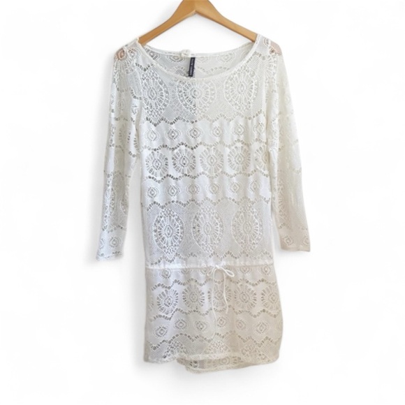 Polo by Ralph Lauren Adjustable White Crochet Lace Coverup Sheer Mini Dress M - Picture 1 of 2
